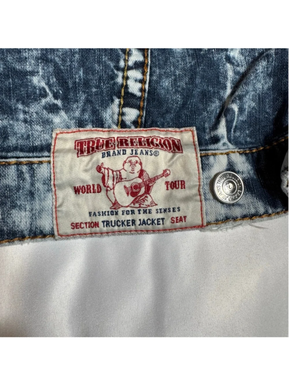 Men's True Religion Trucker Jacket M Blue White Acid Wash